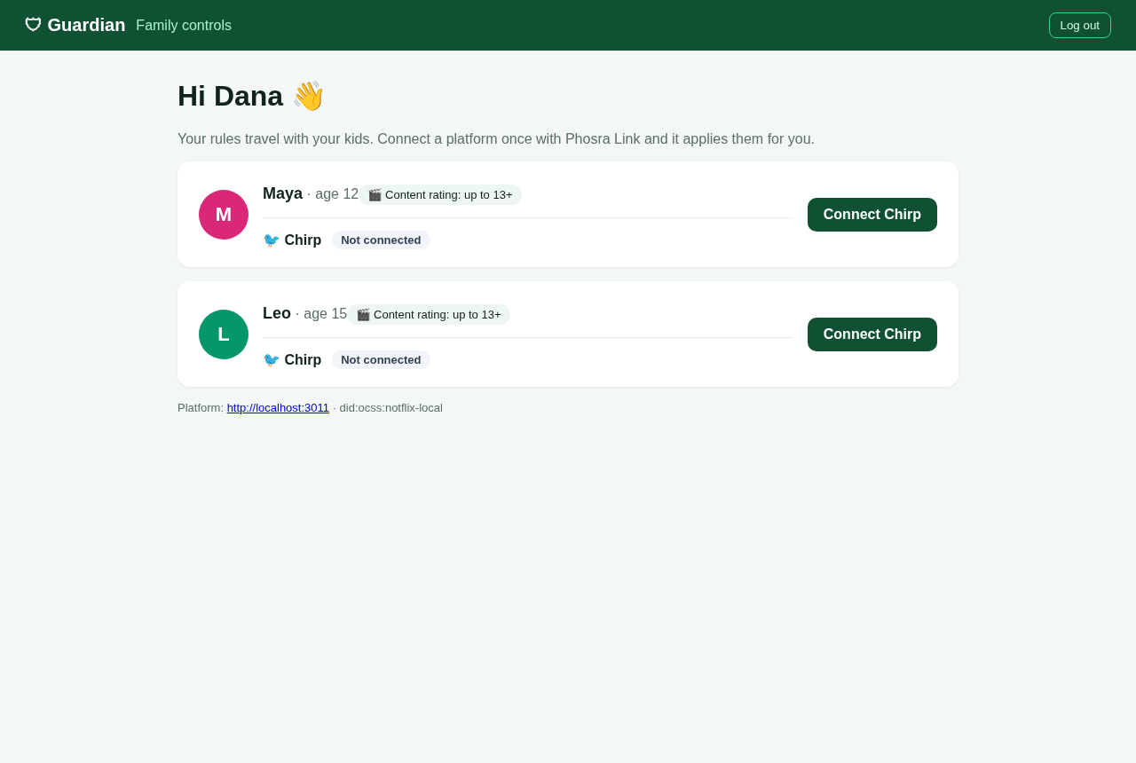 Guardian dashboard, not connected